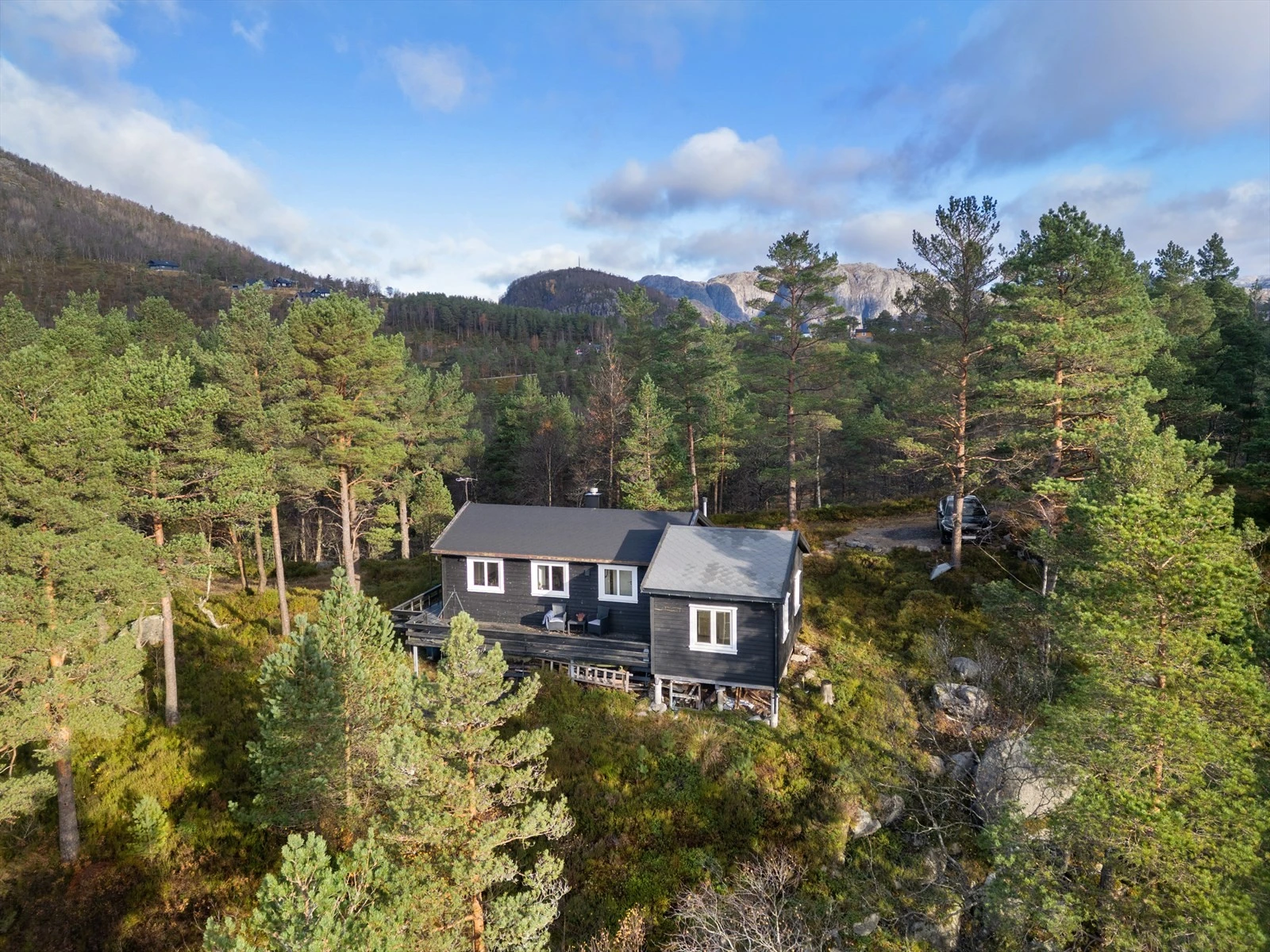Dark wood console table with tall blue vases